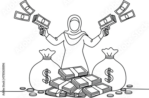 Muslim woman holding money guns surrounded by cash bags and coins wealth symbolism
