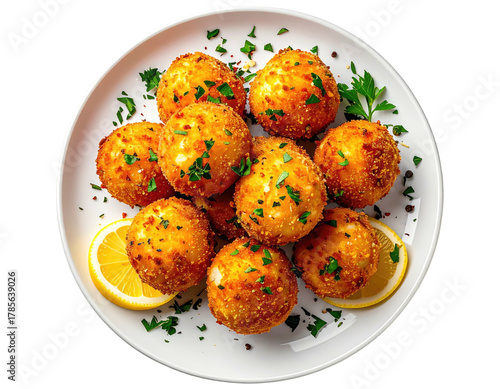 Overhead shot of golden-brown fried cheese balls on white plate, garnished with herbs