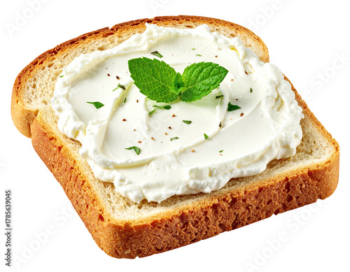 Toast slice laden with creamy spread, sprinkled herbs, mint garnish