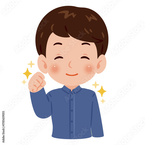 元気で笑顔な男性　上半身イラスト／Upper Body Illustration of Energetic Smiling Man with Bent Arm Fist Pump