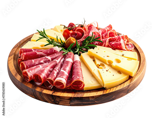 A wooden board displays an assortment of cured meats, cheeses, and garnishes