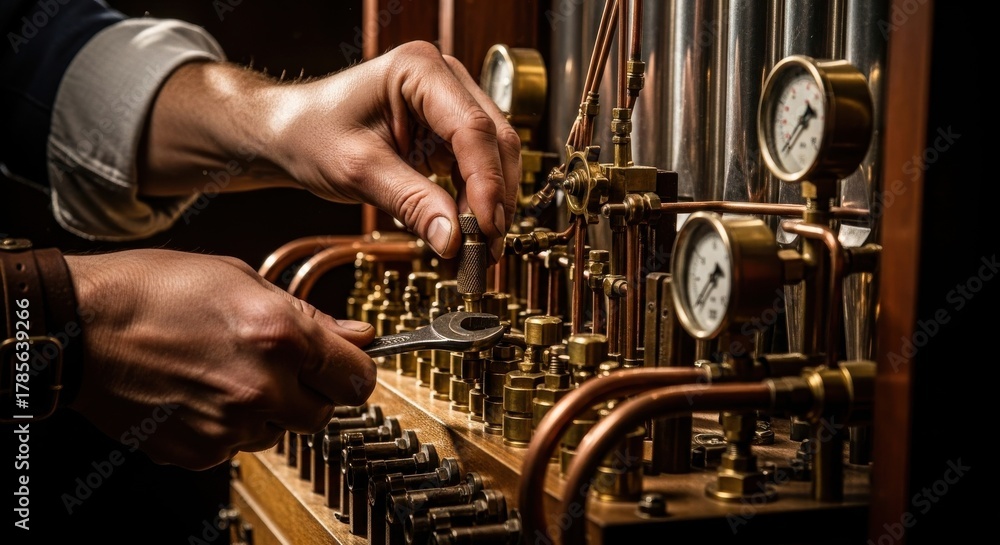 Fototapeta premium Skilled technician adjusts pressure gauges on an intricate machine in a workshop setting during the day
