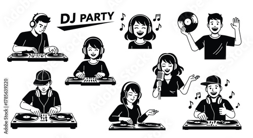 Dj party with music vector illustration black and white design