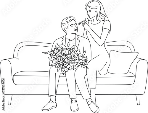 Romantic couple sitting on sofa with flowers acknowledging love relationship gesture