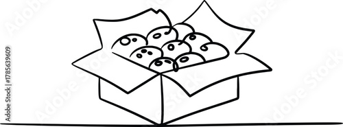 Simple hand drawn outline of fresh baked rolls inside an open cardboard box