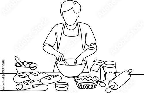 Baker kneading dough in kitchen with bread and pie ingredients line art