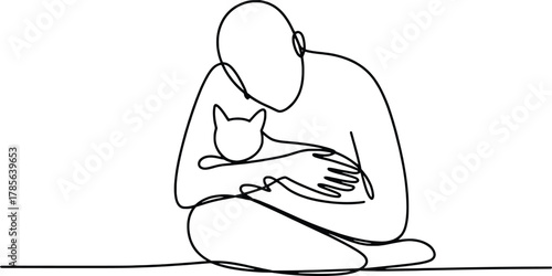 Minimalist line art person hugging cat with love and affection