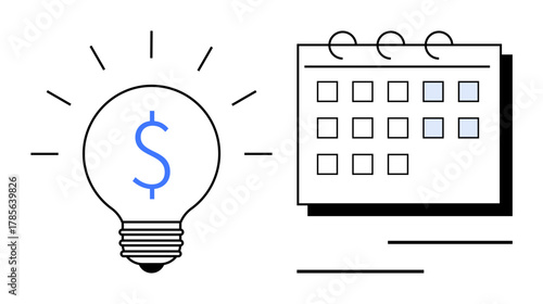 Light bulb with dollar sign next to monthly calendar layout. Ideal for finance, budget, innovation, planning, schedule, organization, business growth. Simple flat metaphor