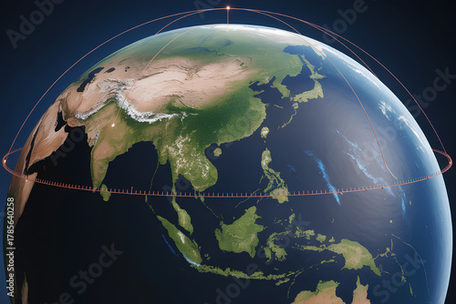 Earth globe Asia satellite orbit equator horizon sunrise space atmosphere glowing over Asia with elegant orbital arc serene and futuristic mood science and technology focus