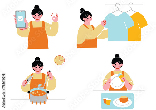 家事をする女性のイラストセット