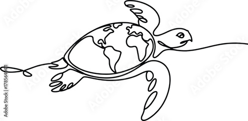 Ocean turtle globe continents single line drawing artistic aquatic animal