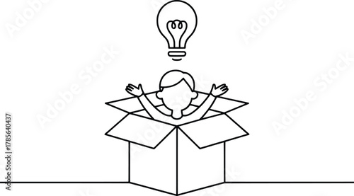 Person with arms up in cardboard box under light bulb symbol of innovation