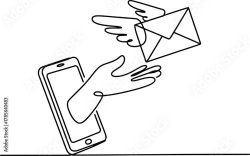 Continuous line drawing of hand sending email from smartphone with wings
