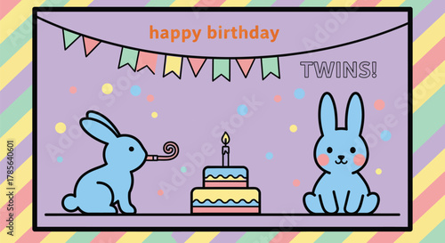 Happy birthday twins bunnies cake party celebration vector art