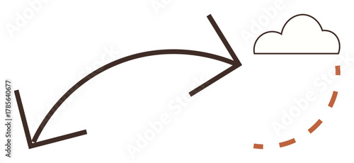 Two curved arrows pointing towards a cloud, emphasizing connection, flow, or transfer. Ideal for cloud computing, data sharing, migration, network communication, technology innovation simple flat
