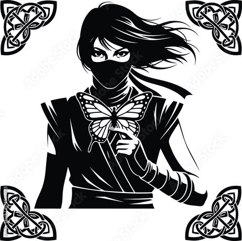 Enigmatic black and white portrait of a celestial female ninja with wind-swept hair, a protective mask, and a delicate butterfly, framed by ornate celtic knots, evoking dangerous grace and beauty.