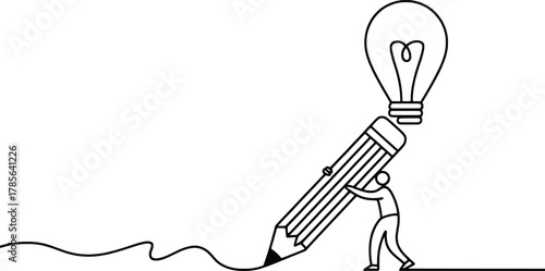 Creative idea concept person pushing giant pencil with lightbulb symbol forward