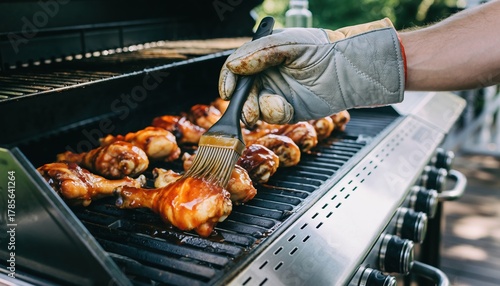 A person wearing a protective glove uses a brush to baste barbecue chicken drumsticks with sauce on a hot grill, preparing a delicious meal for outdoor cooking and enjoyment