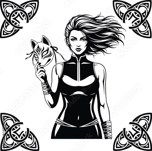 Tactical kitsune vector mystique: a striking illustration of an audacious female operative holding an enigmatic fox mask, beautifully encompassed by four deluxe traditioal celtic knot frames.