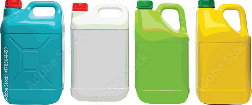 Set of colorful plastic jerrycans with handles and caps, isolated vector illustration for detergent, fuel, or liquid storage container design