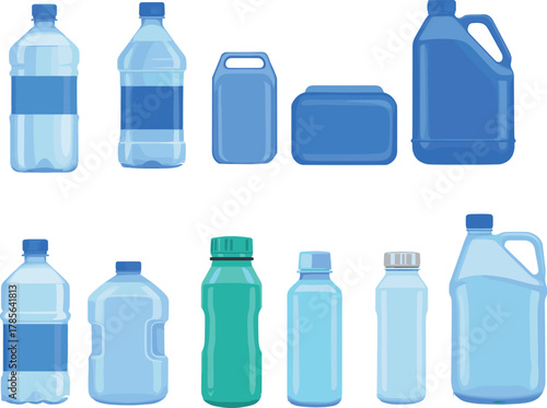 Collection of plastic water bottles and jugs in various shapes and sizes, isolated on white background, vector illustration for packaging and hydration concepts