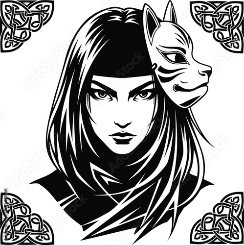 Intrepid kitsune vector portrait: a bold illustration of a powerful female warrior with dark flowing hair a mystic fox mask, bordered by four opulent traditional black and white celtic knot frames.