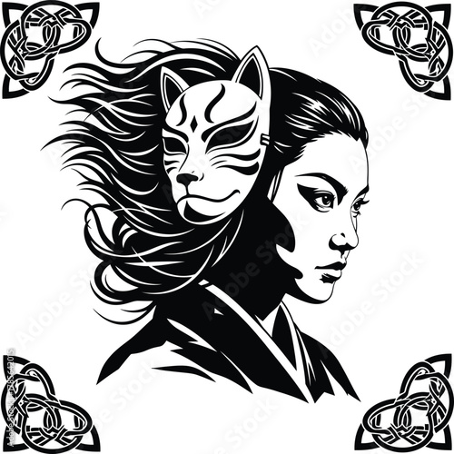 Mystical yokai vector portrait: an exquisite illustration of an enchanting japanese woman holding a flowing hair kitsune mask, framed by four luxurious traditional black and white celtic knot corners.