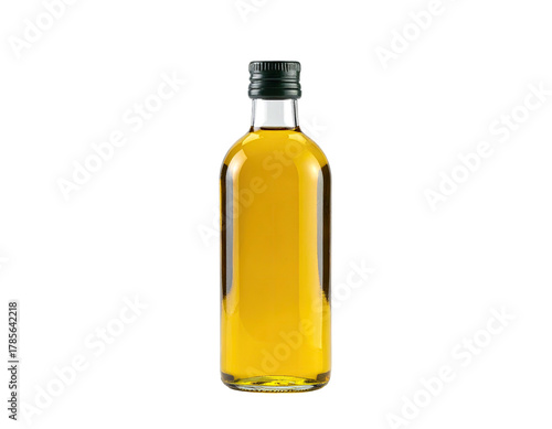 Small glass bottle of olive oil, filled with golden liquid, against a black backdrop