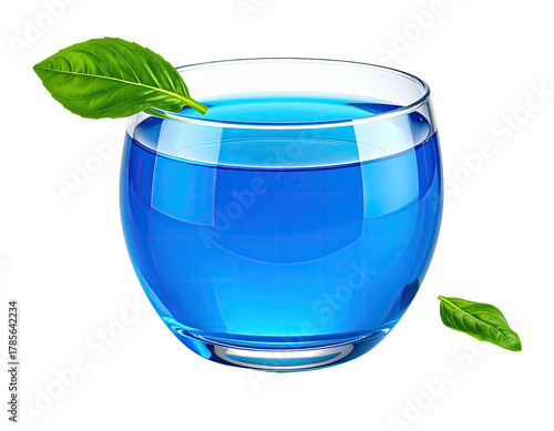 A round clear glass holds vibrant blue liquid with basil leaf garnish on black