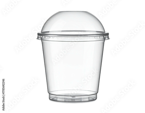 A clear, disposable plastic cup with a dome lid on a black background