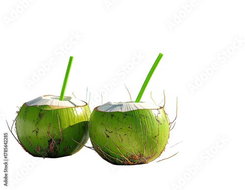 Two fresh, green coconuts with green straws, isolated on a dark backdrop
