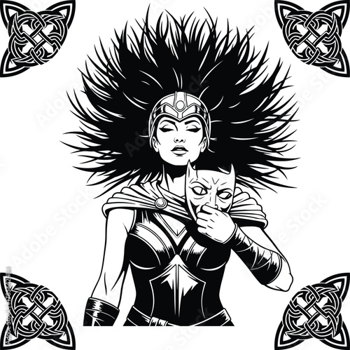 Divine phantom vector epic: a fierce illustration of an ethereal celtic warrior goddess holding a demonic mask, framed by explosive dark hair and opulent traditional knotwork borders.