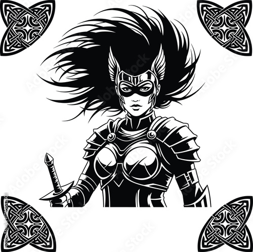 Majestic valkyrie vector icon: a fierce illustration of an armored mythical heroine with wind-swept hair, brandishing a sword, complemented by opulent traditional celtic knot corner elements.