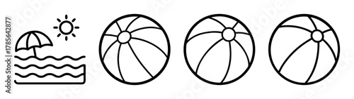 Beach outline icons: sun, umbrella, waves, and three beach balls.