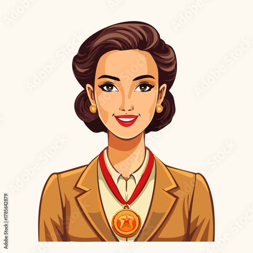 Elegant woman wearing a medal, focused on the subject.