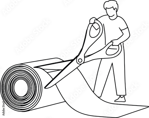 Craftsman cuts fabric with large scissors from a rolled material closeup view