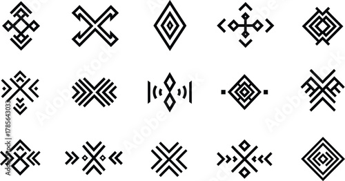Precious arcane vector glyphs: an unparalleled collection of fifteen symmetrical, minimalist black line-art tribal symbols and delicate ethnic geometric badges, perfect for bespoke luxury branding.