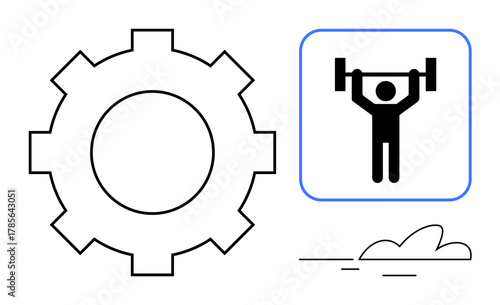 Gear represents mechanical efficiency and teamwork. Human figure lifting barbell conveys strength and health. Ideal for fitness, technology, teamwork, efficiency, motivation, innovation, success