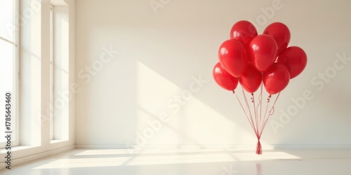 A cluster of vibrant red balloons floats in a minimalist, sunlit interior space
