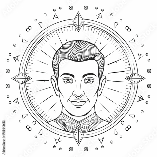 Intricate portrait of a man within a compass design.