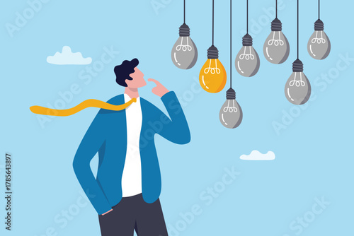 Challenge to pick or choose right opportunity, discover winner idea or invention thinking, select success solution choice concept, smart businessman thinking choosing winner lightbulb idea.