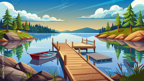 Very beautiful rustic wooden dock on raised pontoons extending into an idyllic Minnesota lake, featuring calm summer water, clear sky, soft natural light, and a realistic peaceful outdoor atmosphere.