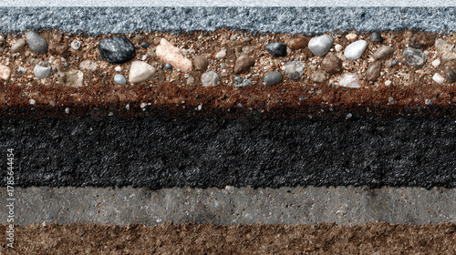 Detailed cross-section showcasing the complex layers beneath an asphalt road.
