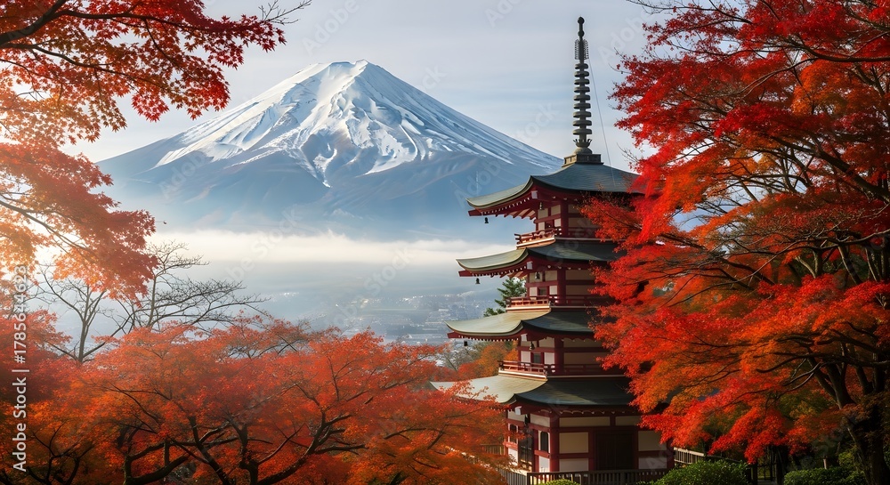 Fototapeta premium View of Chureito Pagoda and Mount Fuji at sunset, warm golden hour tones, peaceful landscape, Japan travel concept, 8K detail