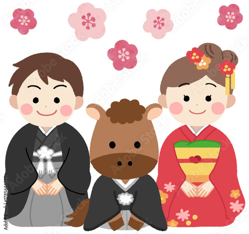着物を着た男の子と女の子と馬・午の2026年年賀状イラスト