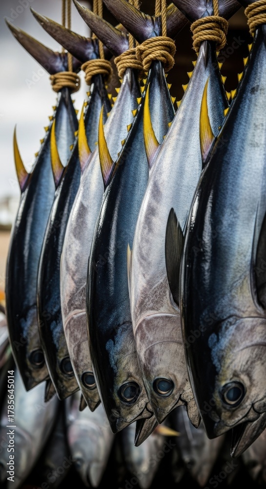 Fototapeta premium Freshly caught tuna hanging at a coastal market in the early morning light