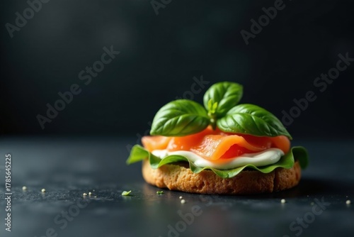 Savory Smoked Salmon Canape with Creamy Spread and Fresh Basil Garnish on a Crispy Cracker