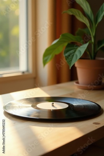 A vinyl record rests on a turntable, bathed in warm sunlight streaming through a nearby window, a potted plant adding a touch of nature to the serene scene.