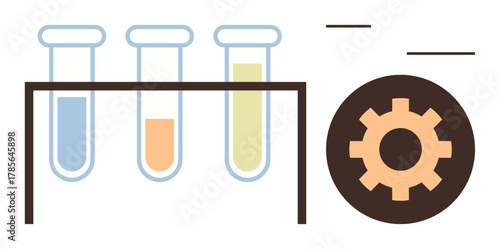Test tubes with colored liquids in a rack next to a gear icon symbolizing innovation, research, and industrial processes. Ideal for science, chemistry, innovation, automation, research, education