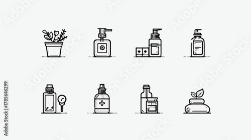 Minimalist Line Art Icons Set of Natural Organic Beauty and Skincare Products. Eco-friendly cosmetic bottles, essential oils, lotions, and plant illustrations for wellness.